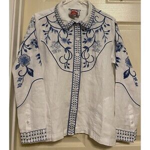 JOHNNY WAS Western Linen Jacket Sz XS White Embroidered Whimsical Boho Shirt Top